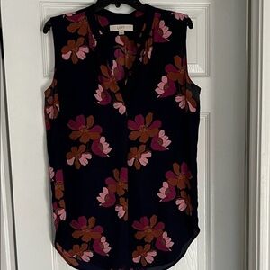 LOFT Navy Sleeveless V-Neck Camisole with Pink & Brown Floral Print